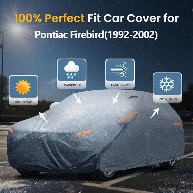 Waterproof Pontiac Firebird(1992-2002) Car Cover with Breathable Vents, [Upgrade] Premium Covers with Cotton Liner and Zipper Door,Sun Rain Snow Dust Uv Protection.(Gift with Towel Storage Bag)