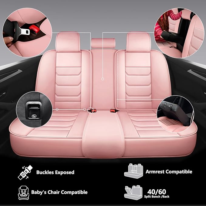 Full Coverage Faux Leather Car Seat Covers Full Set,Automotive Seat Covers for Cars,SUVs Pick-up Truck, Car Seat Cushion, Pink Seat Covers for 5 Seats,Car Seat Protector