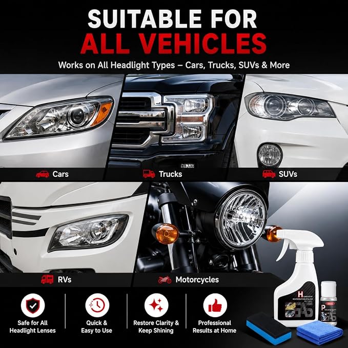 Headlight Restoration Kit, Headlight Cleaner & UV Protectant | Microfiber Towel & Applicator Sponge Included, For Cars Trucks SUVs Motorcycles, Scratch-Free Lens Care