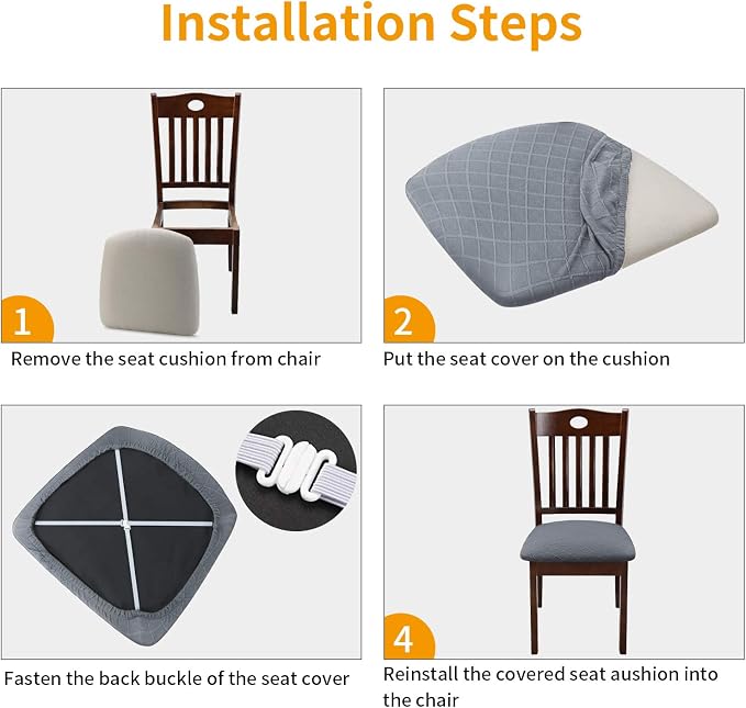 Fuloon Stretch Chair Seat Covers 6 PCS, Removable Washable Dining Chair Covers Anti-Dust Dining Room Seat Cushion Slipcovers (6, Light Grey)