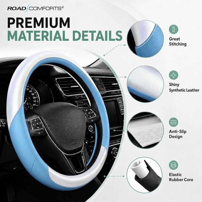 Road Comforts Steering Wheel Cover – Breathable Leather Steering Wheel Cover, Anti-Slip Grip, Universal Fit 14.5” to 15”, Heat & Cold Resistant for Cars, SUVs, and Trucks – Shining White & Blue
