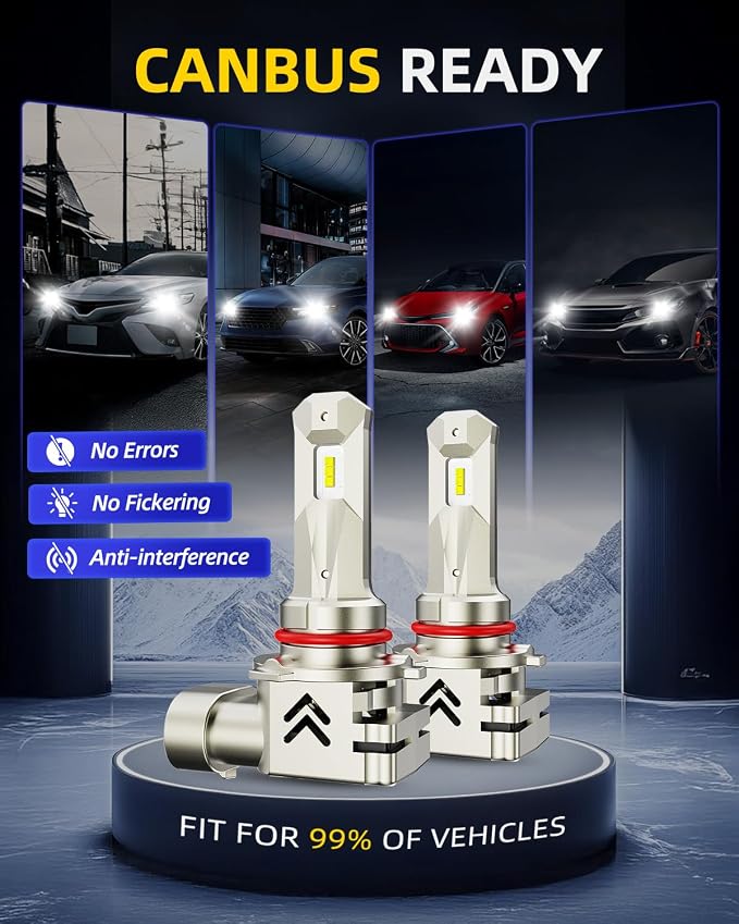 AUTOONE Upgraded 9005/HB3 LED Light Bulbs, 600% Ultra Brightness, 6500K Cool White 1:1 Halogen Size Replacement, 60000Hrs Long Service Life with Turbo Fan, Plug and Play, Fog Lamps, Pack of 2