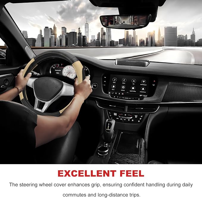 Sport Leather Steering Wheel Cover, 14.5-15 Inch Breathable Auto Steering Wheel Protector with Anti-Slip Lining, Soft Comfortable Leather Wheel Protector for Cars Trucks SUVs (Black & Beige)