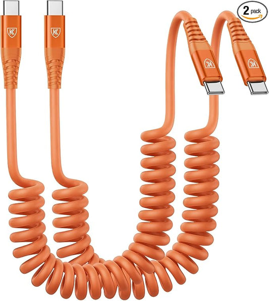 USB C to C Cable 3FT, 2Pack Coiled USB C Fast Charging Cable for CarPlay | iPhone USB-C Cable/Android Auto USB C Cord, USB Type-C Cable for iPhone 17/16/15/Pro Max/Plus/Galaxy S26 S25 and More-Orange