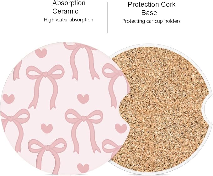 Ceramic Car Coasters – Absorbent Car Cup Holder Coaster Set for Women, Cute Aesthetic Car Accessories for Girls, 2 Pack (Peach)
