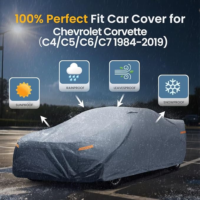 Waterproof Chevy Corvette(C4/C5/C6/C7 1984-2019) Car Cover with Breathable Vents, [Upgrade] Premium Covers with Cotton Liner and Zipper Door, Sun Rain Snow Dust Uv Protection(Gift with Towel)
