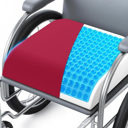 Wheelchair Seat Cushion for Pressure Relief, Cooling Gel Memory Foam Chair Cushion with Slope-Edge Design, Coccyx Support for Tailbone Pain, Non-Slip, for Wheelchairs, Office Chairs & Car Seats, Red