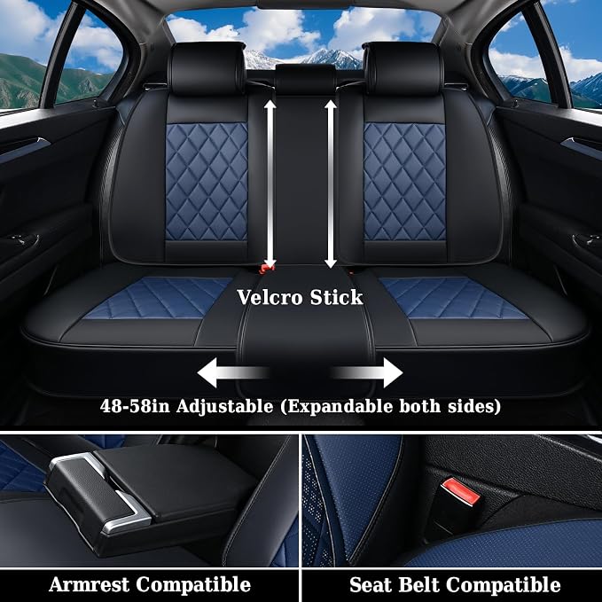 Coverado Car Seat Covers Full Set, Luxury Faux Leather Waterproof Seat Cover, Black and Blue Car Seat Covers, Car Seat Protector, Automotive Seat Covers Universal Fit for Most Cars, Black&Blue