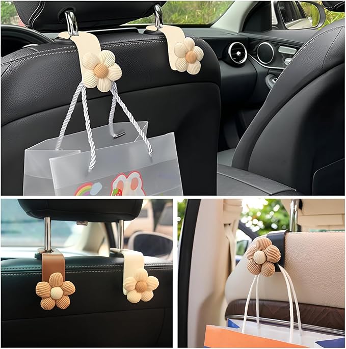 4 PCS Car Seat Headrest Hooks, Cute Flower Car Seat Back Organizer Bag Holder Hooks, Automotive Seat Hook Hanger Storage Organizer for Purse Cloth Grocery Bags, Car Accessories (Brown+White)