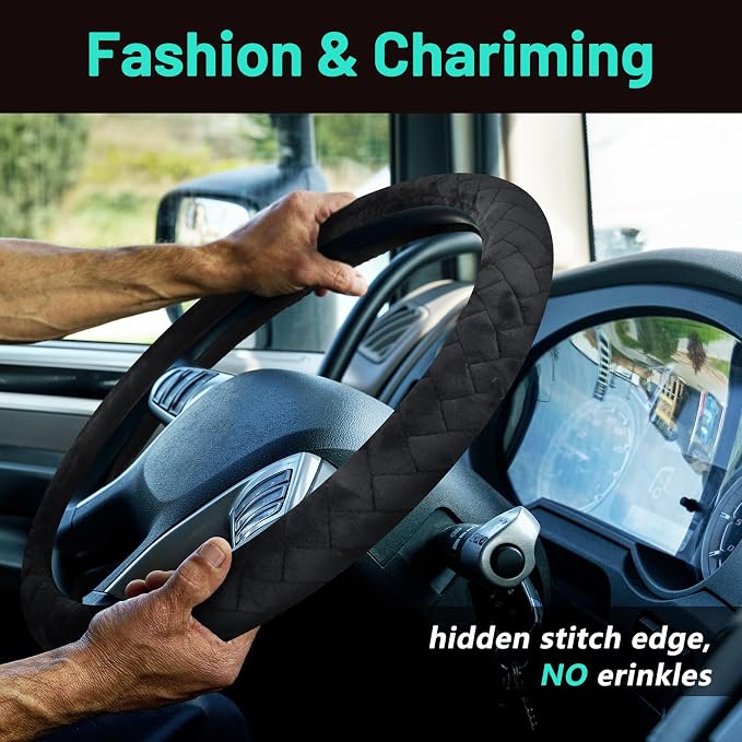 DaisyInner 17.5-18 Inch Steering Wheel Cover for Semi Truck No-Slip & Comfy Grip for Semi Trucks, Rv, Big Rig and 18 Wheelers(Quilted,Velvet,Black)