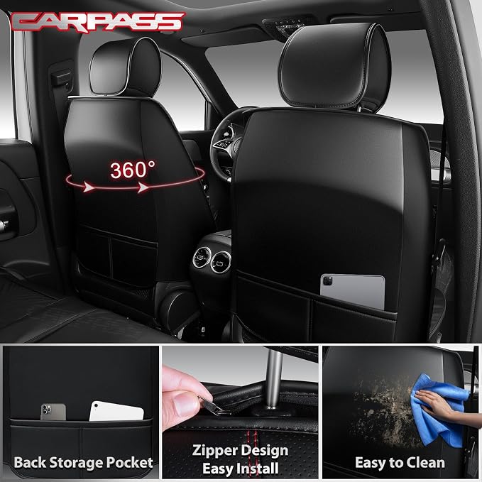 CAR PASS Nappa Leather Car Seat Covers Front Seats 3D Foam 2Pcs Black Red | Luxury Waterproof Universal FIT Piping Leather Car seat Cover Front Seats, 3D Foam Breath Perforated leather seat covers
