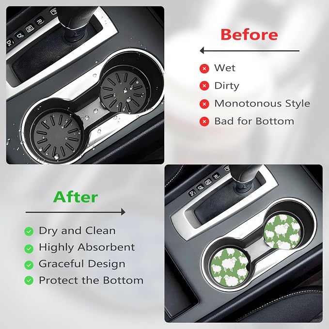 Ceramic Car Cup Coasters 2PCS - Sheep | with Cork Back & Finger Slot, Anti-Slip Shock Absorbing, Universal Car Interior Accessories for Men Women