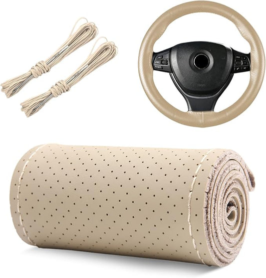 Genuine Leather Steering Wheel Cover, 15 Inch Stitch on Wheel Wrap with Needles & Threads, Breathable Steering Wheel Protector DIY Sewing Wrap for Car Truck SUV (Beige, Full Hole)