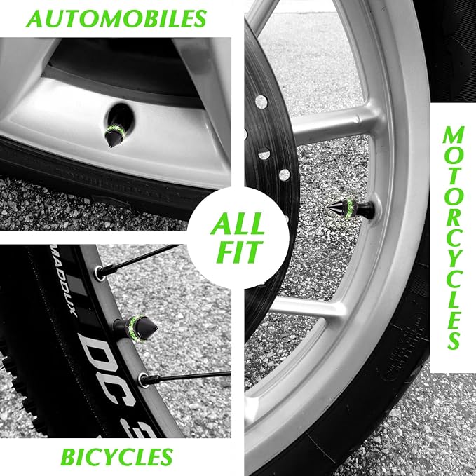 ToBeQueen Bling Green Tire Valve Caps, Handmade Crystal Rhinestone Dimand Stem Caps, 4 Pack Aluminum Alloy Universal Tire Cap Covers Bling Car Accessories(Green)