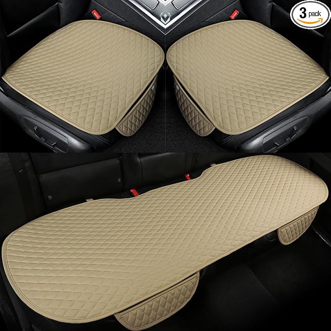 West Llama Pu Leather Car Seat Bottom Covers Protectors Include 1 Pair Front Driver Seat Pad Mat and 1 Rear Bench Cover Universal Fit 90% Vehicles,Beige
