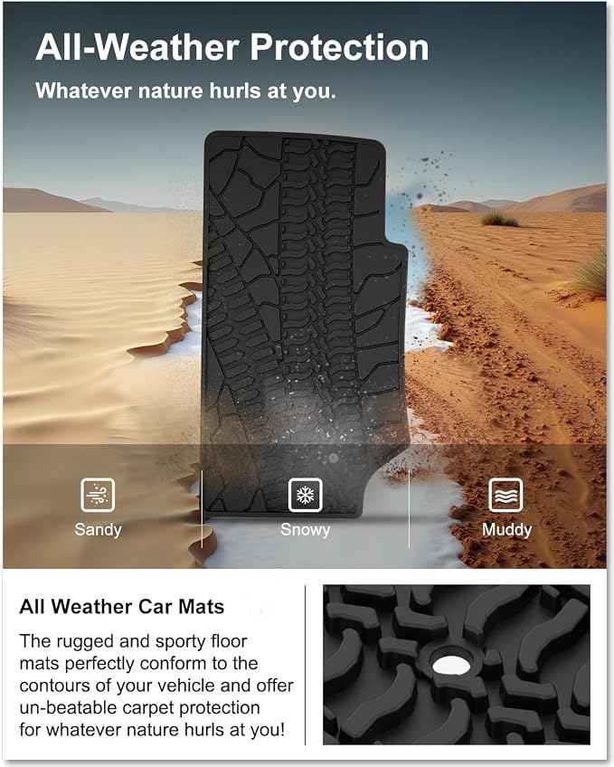 Kiwi Master Floor Mats for 2007-2013 Jeep Wrangler JK 4-Door | OEM Replacement 82210166AC, Custom Fit All Weather Car Mats, Heavy Duty TPE Floor Liners, Front & Rear 2 Row Set, Black