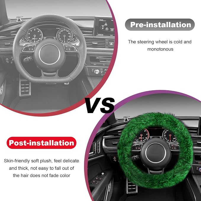 Fluffy Steering Wheel Cover, 15 Inch Anti-Slip Microfiber Plush Fuzzy Steering Wheel Cover, Winter Warm Elastic Fuzzy Steering Wheel Covers for Women and Men, Car Accessories (Green)