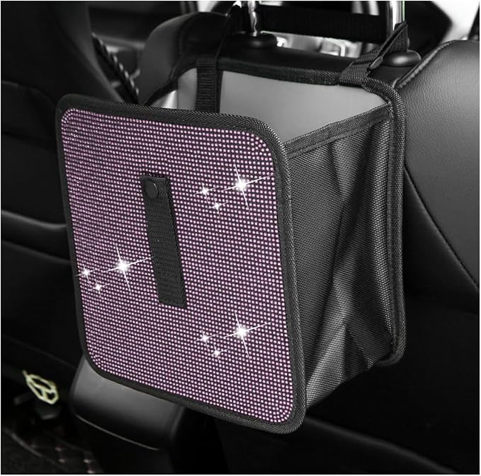 Car Trash Can, Bling Rhinestone Crystal Waterproof Hanging Garbage Bag for Car Interior, Oxford Leakproof Foldable Waste Organizer Trash Bin Universal for Most Vehicles (Light Pink)