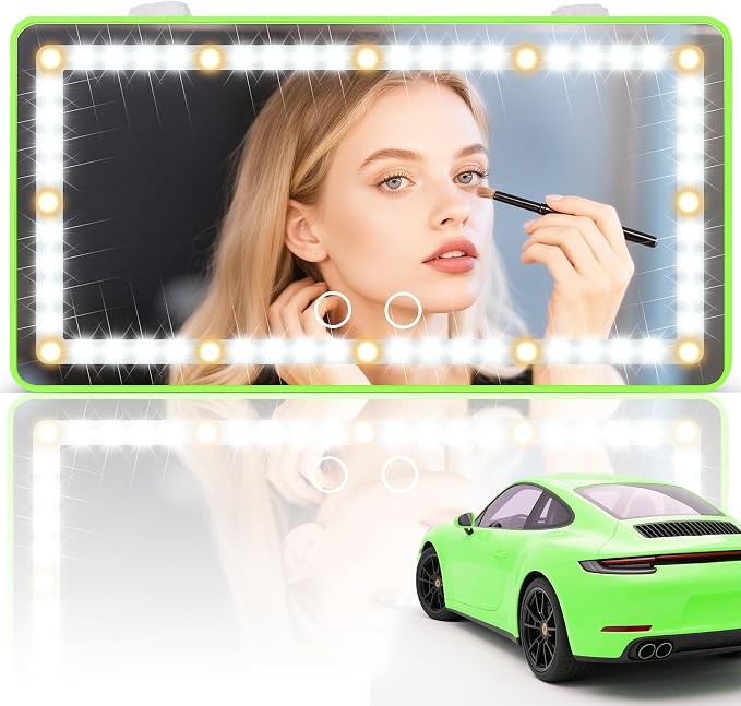 SINGARO Car Sun Visor Vanity Mirror - Rechargeable Makeup Mirror with 60 LEDs, 3 Light Modes & Dimmable Touch Control for Cars, Trucks, SUVs, Car Interior Accessories for Women (Green)