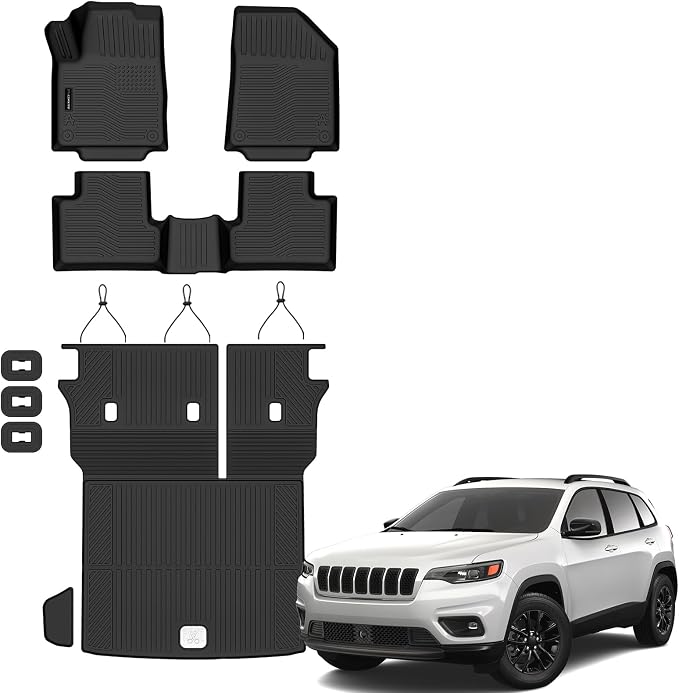 Auxko All Weather Floor Mats Cargo Mat for Jeep Cherokee 2019-2023 with Backrest Mat Door Sill Protector TPE Liners All Season Accessories Guard Odorless Anti-Slip Floor Liners Trunk Tray
