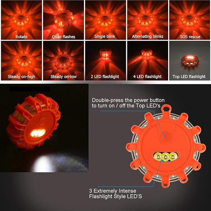 Tobfit 3 Pack LED Road Flares Emergency Lights Roadside Safety Beacon Disc Flashing Warning Flare Kit with Magnetic Base & Hook for Car Truck Boats | 9 Flash Modes (Batteries Not Included) (3)
