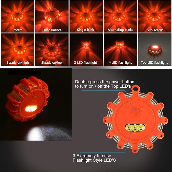 Tobfit 6 Pack LED Road Flares Emergency Lights Roadside Safety Beacon Disc Flashing Warning Flare Kit with Magnetic Base & Hook for Car Truck Boats | 9 Flash Modes (Batteries Not Included) (6)