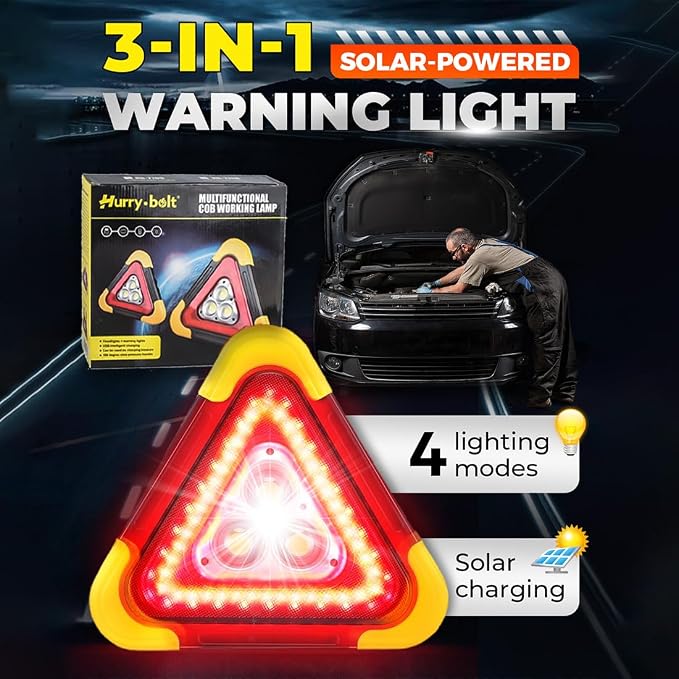 LED Emergency Triangle Warning Light, USB Rechargeable Solar Road Safety Triangles with Reflective Triangle Design, Waterproof Road Flares for Car Truck RV Breakdown Emergency (1PC)