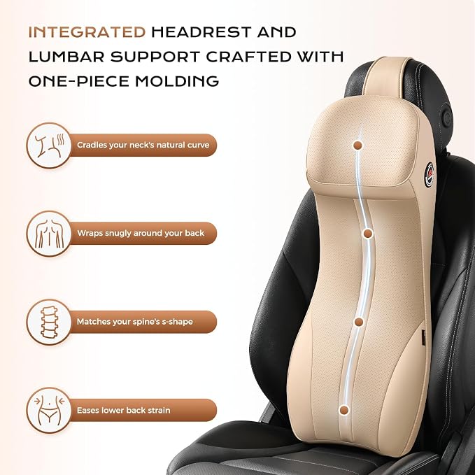Coverado Upgraded Lumbar Support Headrest Pillow One Piece, Ergonomic Memory Foam Car Neck Pillow & Back Support with Adjustable Straps, Soft Leather Cushion for Back Neck Sciatica Pain Relief, Beige