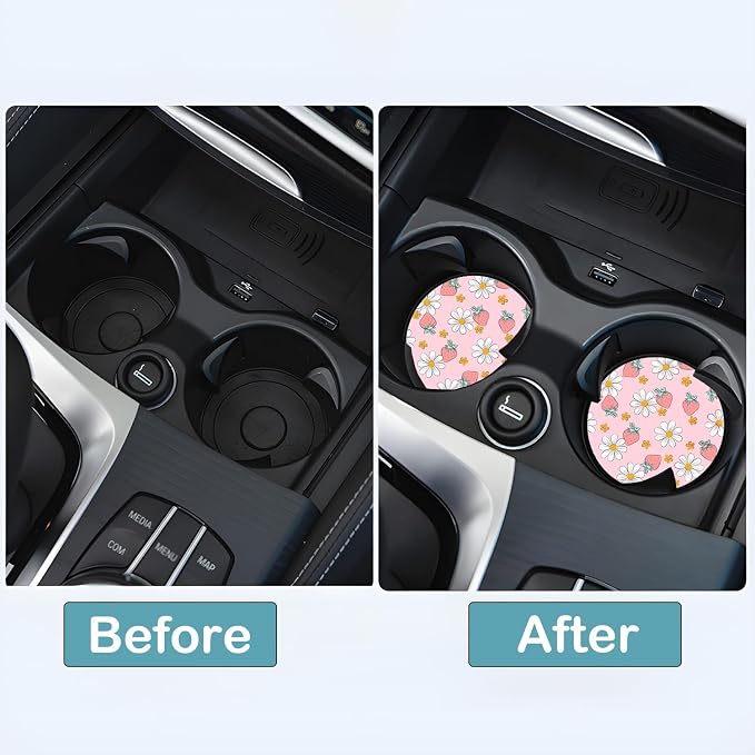 Car Cup Holder Coasters, 2 Pack – 2.75" Universal Auto Anti-Slip Insert Coaster, Rubber Car Coasters, Personalized Car Accessories for Women (Pink Strawberry)
