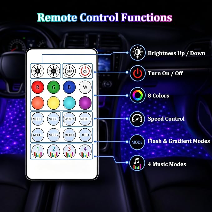 Car Interior LED Lights,4 in 1 RGB APP Control Automotive Under Dash Neon Ambient Lighting with USB Port,Music Sync Auto Footwell Lamp,Car Interior Atmosphere Light