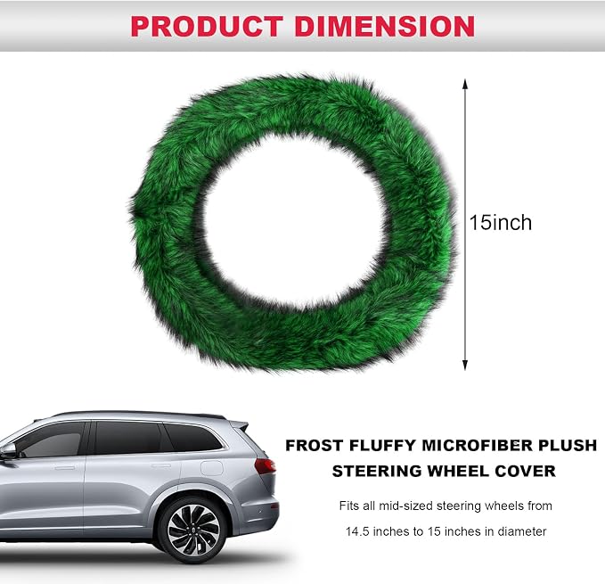 Fluffy Steering Wheel Cover, 15 Inch Anti-Slip Microfiber Plush Fuzzy Steering Wheel Cover, Winter Warm Elastic Fuzzy Steering Wheel Covers for Women and Men, Car Accessories (Green)