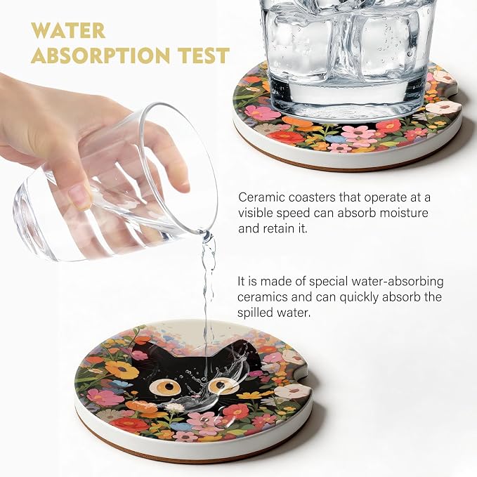 2 Pack Car Coasters for Cup Holders, Absorbent Ceramic Cup Coaster with Cork Base and Finger Notch, Cute Car Accessories Interior for Women Men