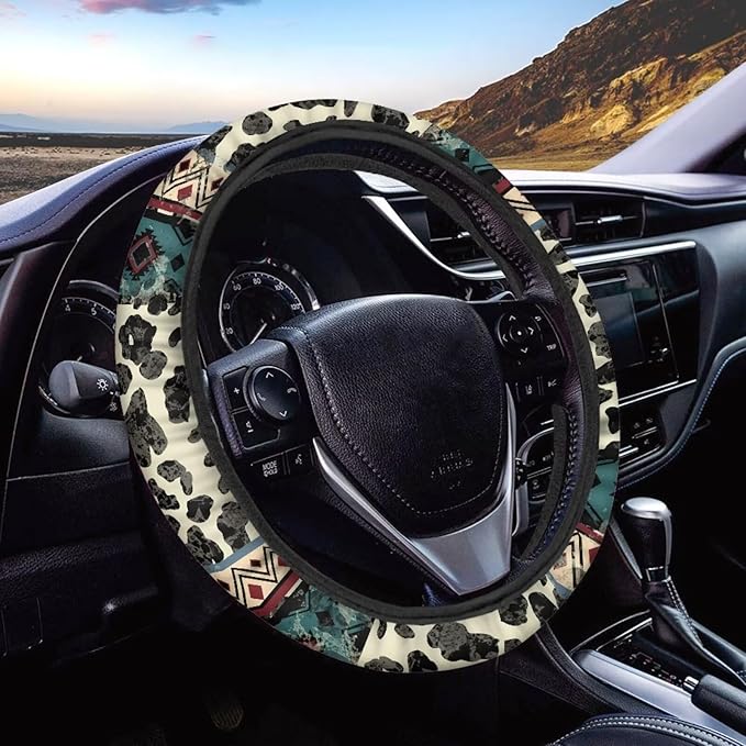 Wanyint Aztec Cow Print Beige Auto Steering Wheel Cover Universal 15 Inch Diameter Anti-Slip Neoprene Car Steering Wheel Protector for Women Men