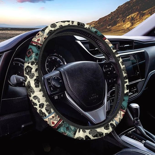 Wanyint Aztec Cow Print Beige Auto Steering Wheel Cover Universal 15 Inch Diameter Anti-Slip Neoprene Car Steering Wheel Protector for Women Men