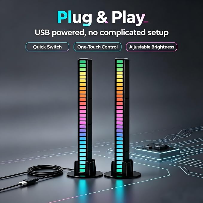 RGB Rhythm Light Bar, Sound Activated Light for Gaming, Bedroom & Car Decor | 32 LEDs, 18 Colors & 8 Dynamic Lighting Modes, USB Powered, Plug & Play Ambient Light for Party & Desktop Atmosphere Decor