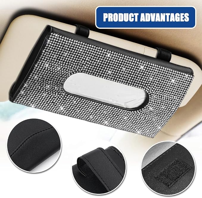 Bling Car Sun Visor Tissue Box Holder, Visor Accessories, Rhinestone PU Leather Crystal Sparkling Napkin Holder, Auto Sun Visor Paper Towel Cover Case Accessories for Most Cars (White)