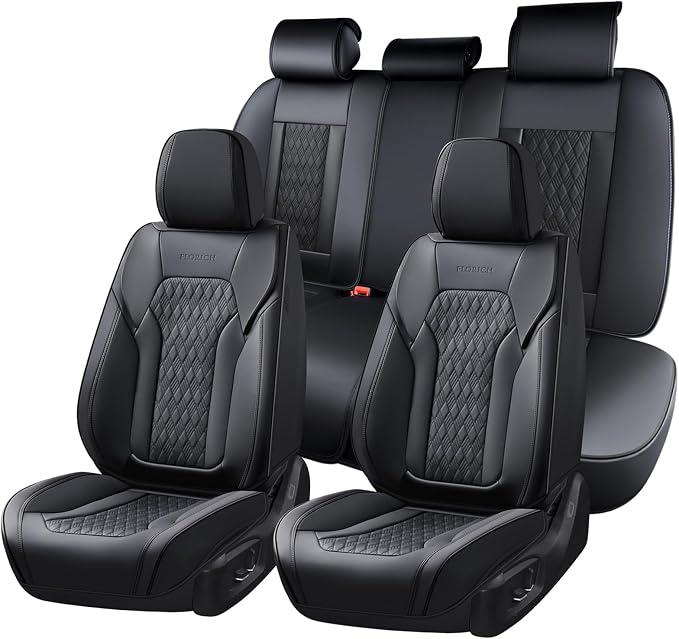 FLORICH Seat Covers, Car Seat Covers Full Set, Luxury Nappa Leather Seat Covers, Breathable and Waterproof Car Seat Protector 5 Seat, Automotive Seat Covers Universal Fit for Most Cars-Black&Beige