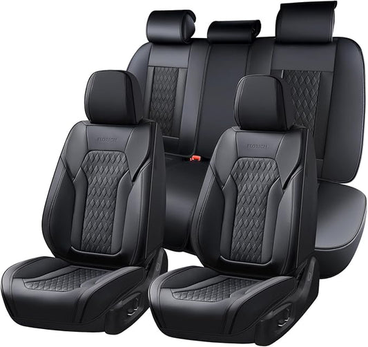 FLORICH Seat Covers, Car Seat Covers Full Set, Luxury Nappa Leather Seat Covers, Breathable and Waterproof Car Seat Protector 5 Seat, Automotive Seat Covers Universal Fit for Most Cars-Black&Beige