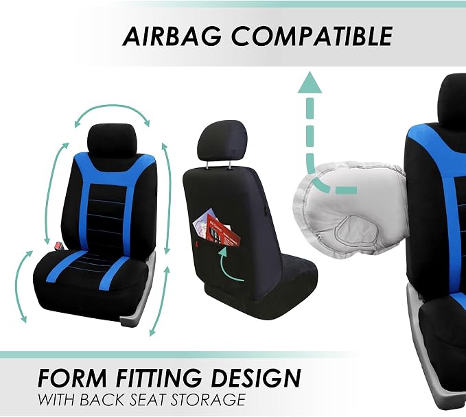 FH Group Car Seat Covers Sports Seat Covers Front Seats Only, Airbag Compatible Blue Black Automotive Seat Cover Combo Small Car Seat Cover Design Universal Fit Interior Accessories Cars Trucks SUVs
