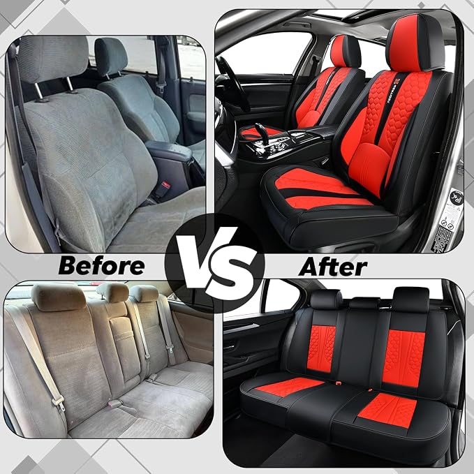 Red Car Seat Covers Full Set Luxury Waterproof | Leather Auto Seat Protector with Airbag Compatible Design, Breathable Non-Slip Cushion, Easy Installation, Fits Most Cars