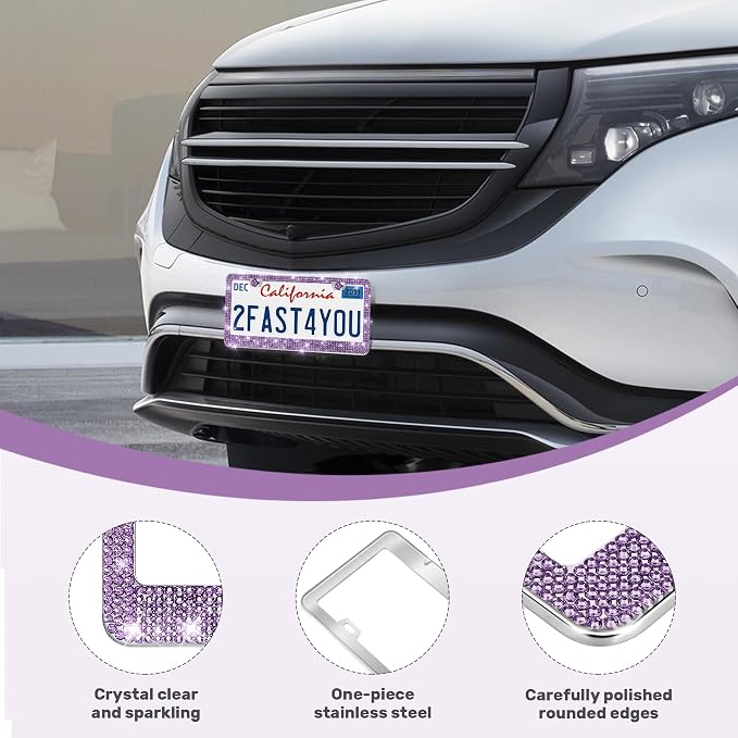 QUANQIUFEI 2 Pack Bling License Plate Frames, Sparkly Rhinestone Diamond Car License Plate Cover for Women, Stainless Steel Car Accessories with Glitter Crystal Caps (Tanzanite)