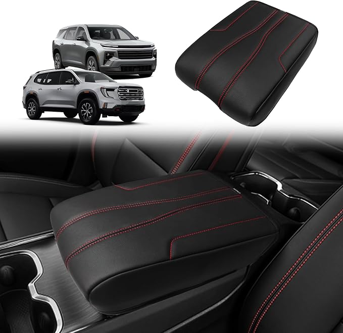 Muslogy Center Console Armrest Cover Fit for GMC Acadia & Chevrolet Chevy Traverse 2024-2026 Accessories, Comfort Armrest Pad Console Lid Cushion Vegan Leather Regular Thick (Black/White Trim)