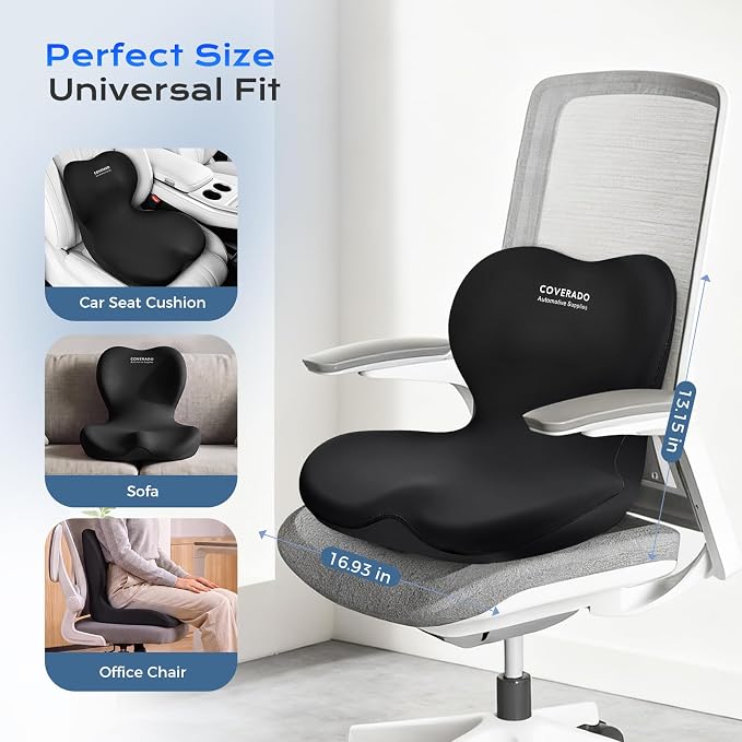 Coverado Car Seat Cushion and Lumbar Support Pillow One Piece, Memory Foam Ergonomic Back Support Driving Seat Cushion for Back Pain, Non-Slip Washable Cushion for Car, Driver, Office