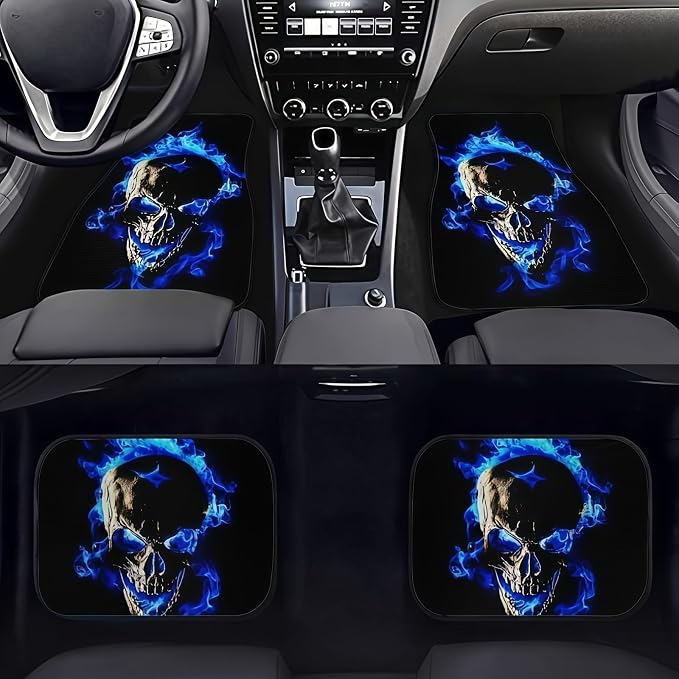 Universal Fit Car Floor Mats Set of 4Pcs, Blue Skull Print All-Weather Front Rear Car Carpet Mats, Non-Slip Car Floor Mat Car Accessories for Automotive Trucks SUV Sedans Vans