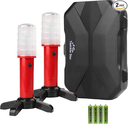 Twinkle Star LED Emergency Roadside Flares Kit, Set of 2 | Safety Strobe Road Warning Light, Highway Beacon Alert Flare, Magnetic Base, Detachable Stand, Solid Storage Case