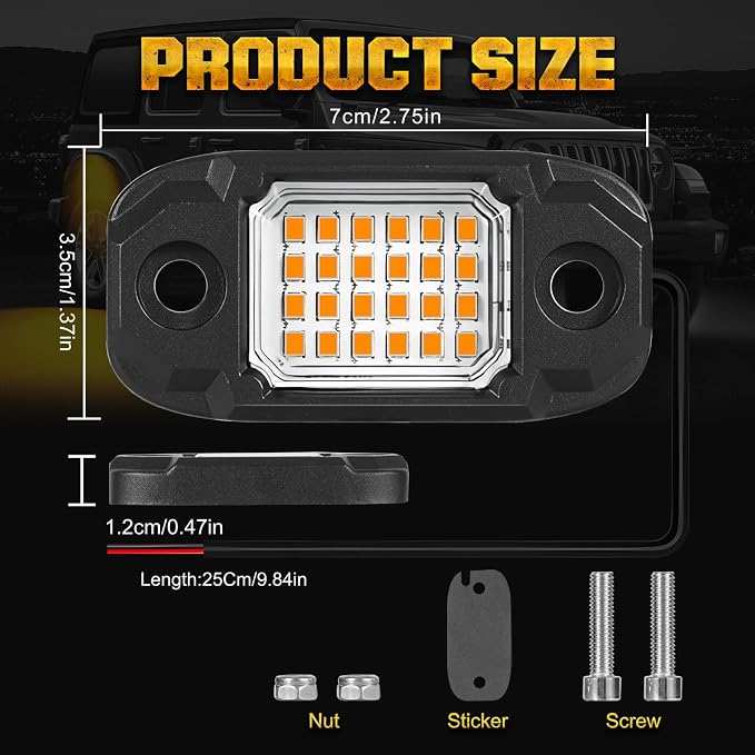 4 Pods Yellow Rock Lights Underglow Light for Cars Trucks Trail Rig Lamp | 24 LED chips for each light, waterproof bottom chassis lights