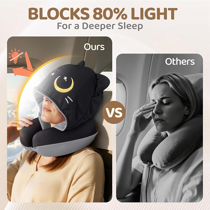 Mewaii Travel Neck Pillow with Hood for Airplanes,Memory Foam,Breathable Ice Silk & Soft Velvet,Double-Sided,Removable to Clean,Adjustable Strap,Portable Travel Pillow for Long Flights Adults & Teens