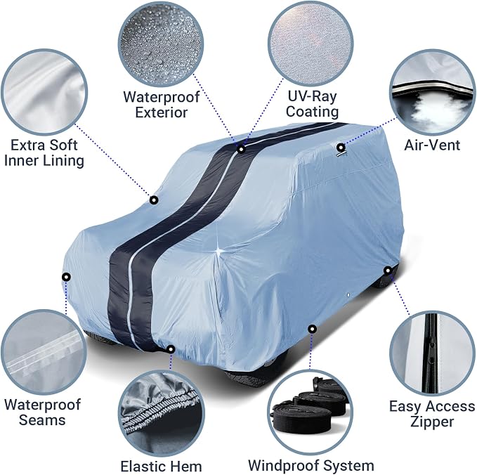 iCarCover Premium Heavy Duty SUV Car Cover - Waterproof All Weather Rain Snow UV Protection, Venue, Soul, XB, Defender 90, Tracker 4-Door, Samurai, Size S59 (See Size Chart), Stripe - Gray/Black