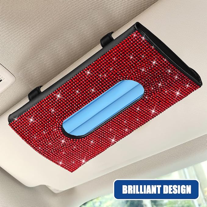 Bling Car Sun Visor Tissue Box Holder, Visor Accessories, Rhinestone PU Leather Crystal Sparkling Napkin Holder, Auto Sun Visor Paper Towel Cover Case Accessories for Most Cars (Red)