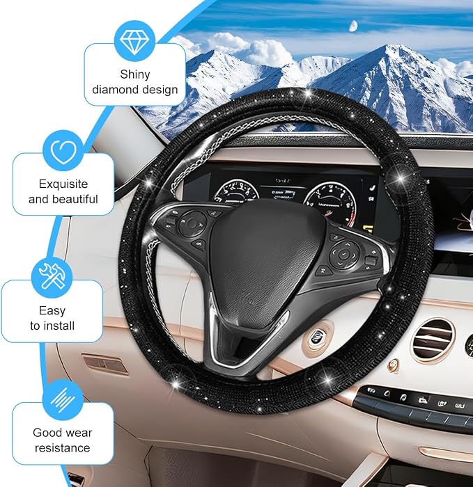 8PCS Bling Car Accessories Set, Sparkly Rhinestone Vehicle Steering Wheel Seat Belt Gear Shift Start Stop Button Cover, Diamond Auto Cup Holder Coaster Decoration, Universal Fit (Black)